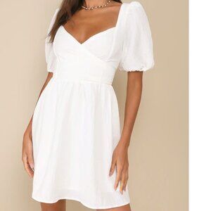 Lulus Little Bit In Love White Surplice Puff Sleeve Mini Dress Size Large NWOT